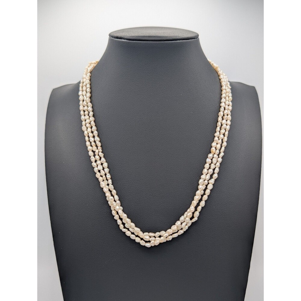 Vintage 3 Strand Layered Freshwater Rice Pearl Torsade Necklace Filigree Clasp